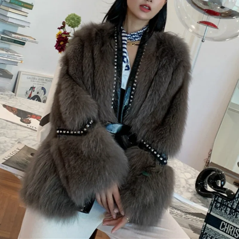 

2020 New Arrival Luxury Brand Designer Real Fox Fur Coat Women Genuine Leather Jacket Studded Winter Warm Lady Overcoat Outwear