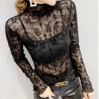 

2019 autumn and winter new mesh tshirt long sleeve shirt women plus size sexy fashion turtleneck black t shirt women tops
