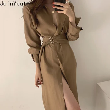 

Joinyouth Sexy Turn Down Collar Blouse Dress Single Breasted Sashes Slim Waist Dresses 2020 Women Long Sleeve Vestidos 57096