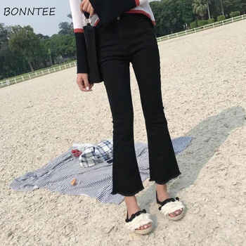 

Jeans Women Ankle-Length All-match Trendy Simple Solid Slim Korean Womens High Quality Lovely Pockets Ladies Flare Trousers Girl