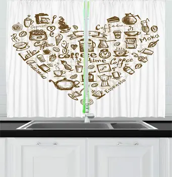 

Coffee Kitchen Curtains Ice Cream Cake Bean Teapot Mug Spoon Coffee Time Lettering in Heart Shape Artwork Window Curtain