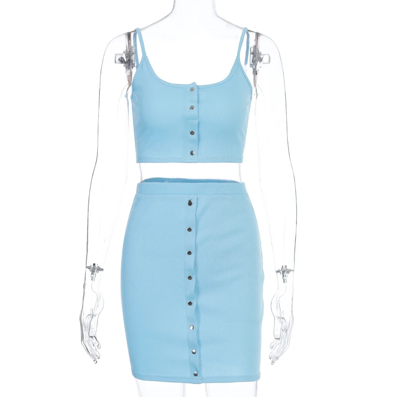 Hugcitar 2020 sleeveless buttons sexy crop top skirt 2 pieces set summer women fashion streetwear outfits tracksuit