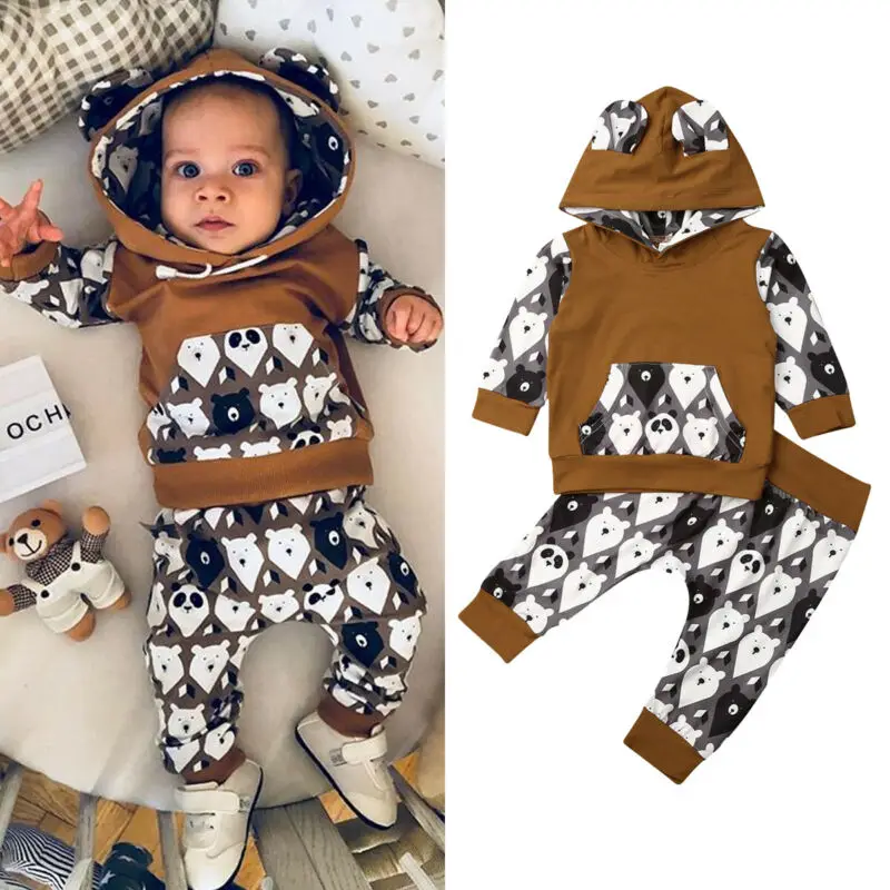 2PCS New Fashion Newborn Baby Girl Boy Clothes Set Cotton Print Animal Tracksuit Hooded Top Pants Outfits | Детская одежда и обувь