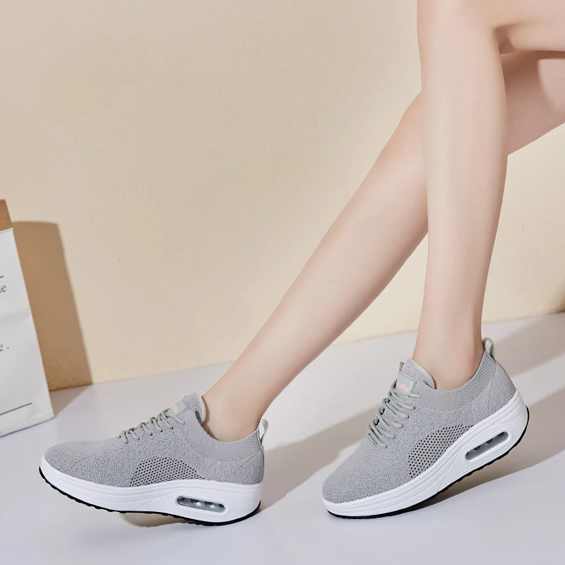 Women Flat Shoes Comfortable Platform Shoes Mesh Casual Sneakers Thick Heel Swing Wedges Shoes Black Lace Up Walking Shoes