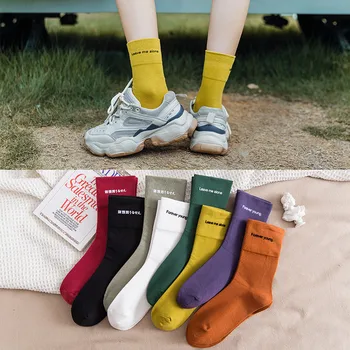 

The New Women High Quality Cotton Socks Personality Three-dimensional Letters Hot Stamping Trendy Middle Tube Socks Female