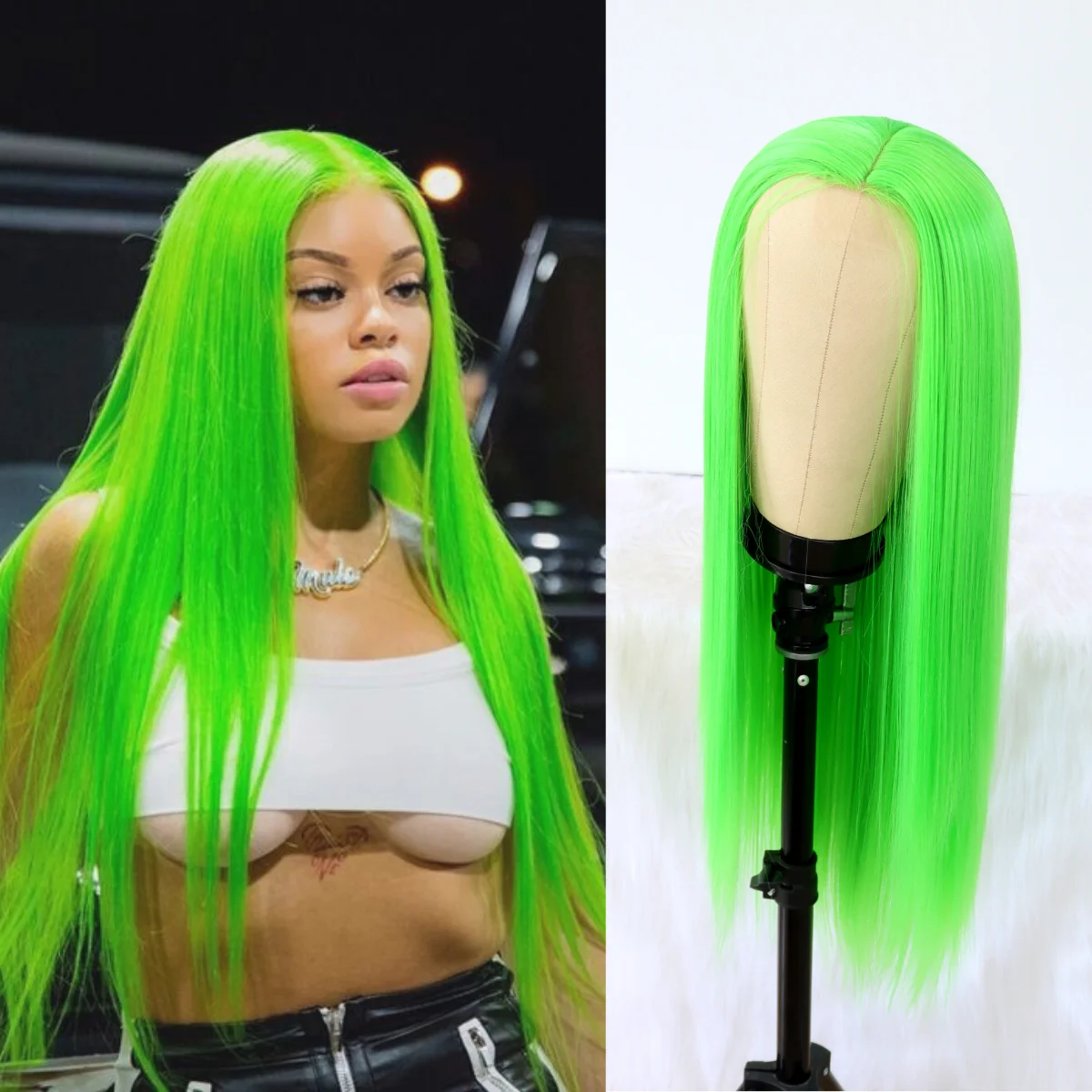 Lace Wigs Long Straight Hair Lime Green Color Wigs For Fashion Women Synthetic Lace Wigs With Natural Hairline