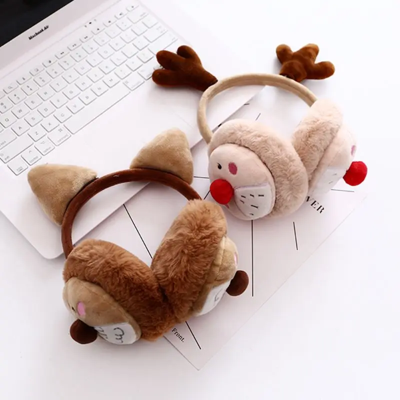 Womena Winter Christmas Plush Earmuffs Cartoon Reindeer Antler Party Ear Warmer