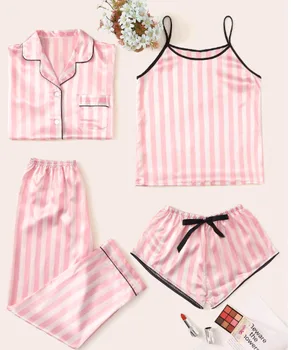 

Youhottest Pink Stripe Women 4 pieces Silk pajamas Set