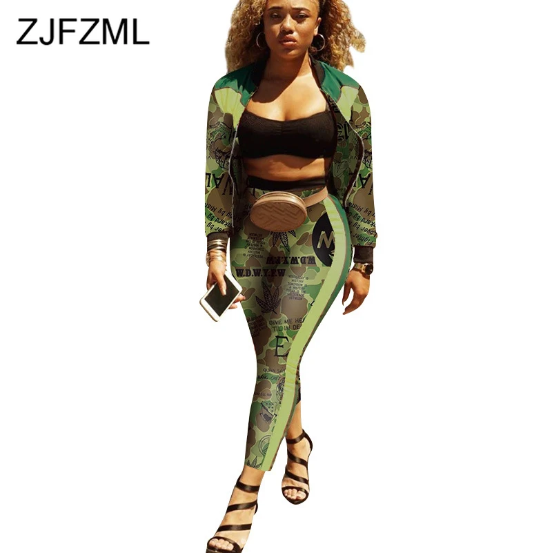 

Camouflage Fitness 2 Piece Set Winter Clothes for Women Full Sleeve Front Zipper Bomber Jacket + Causal Pants Fall Matching Sets