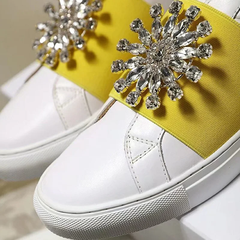 Casual Shoe Hot Brand Designer Leather Woman Shoes Bling Crystal Embellished Woman Sneakers Slip On Mixed Color Flats Women