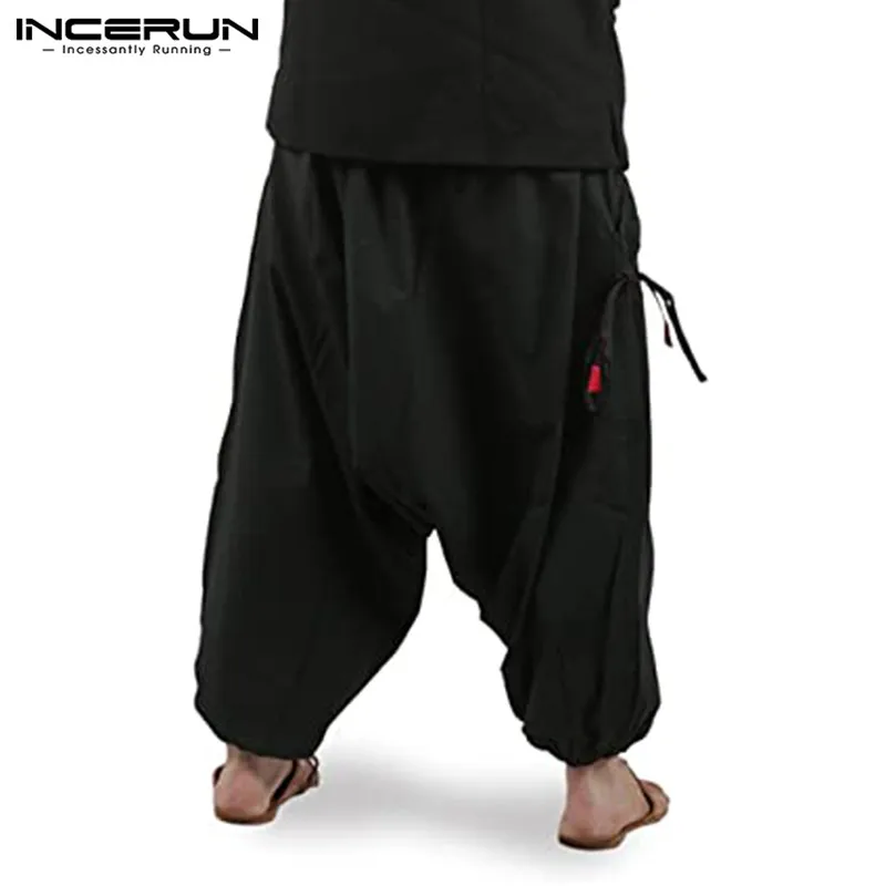 Men Harem Pants Solid Color Joggers Streetwear Elastic Waist Loose Drop Crotch Trousers Men Pockets Fashion Pants INCERUN S-5XL men pants