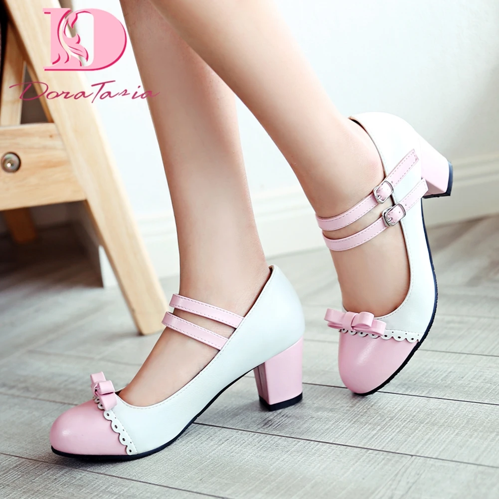 

Doratasia Fashion New Large Size 43 Mary Janes Pumps Woman Shoes Lolita Sweet Bowtie Chunky Heels Shoes Women Pumps Female