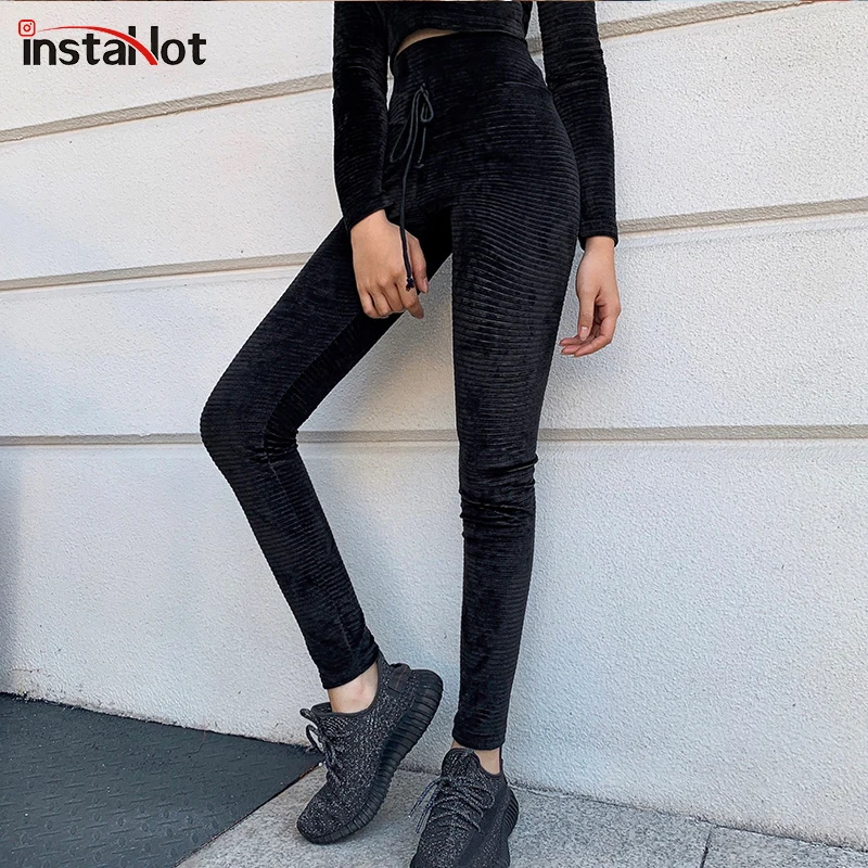 InstaHot черные вельветовые леггинсы для женщин с завязками на талии, Осенние узкие брюки, женские спортивные брюки, повседневные уличные штаны