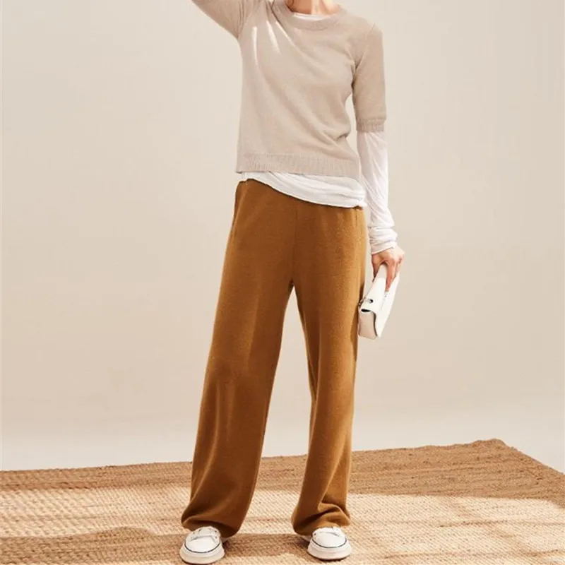 pure goat cashmere knit women fashion wide leg pants full length trousers S-XL retail wholesale customize