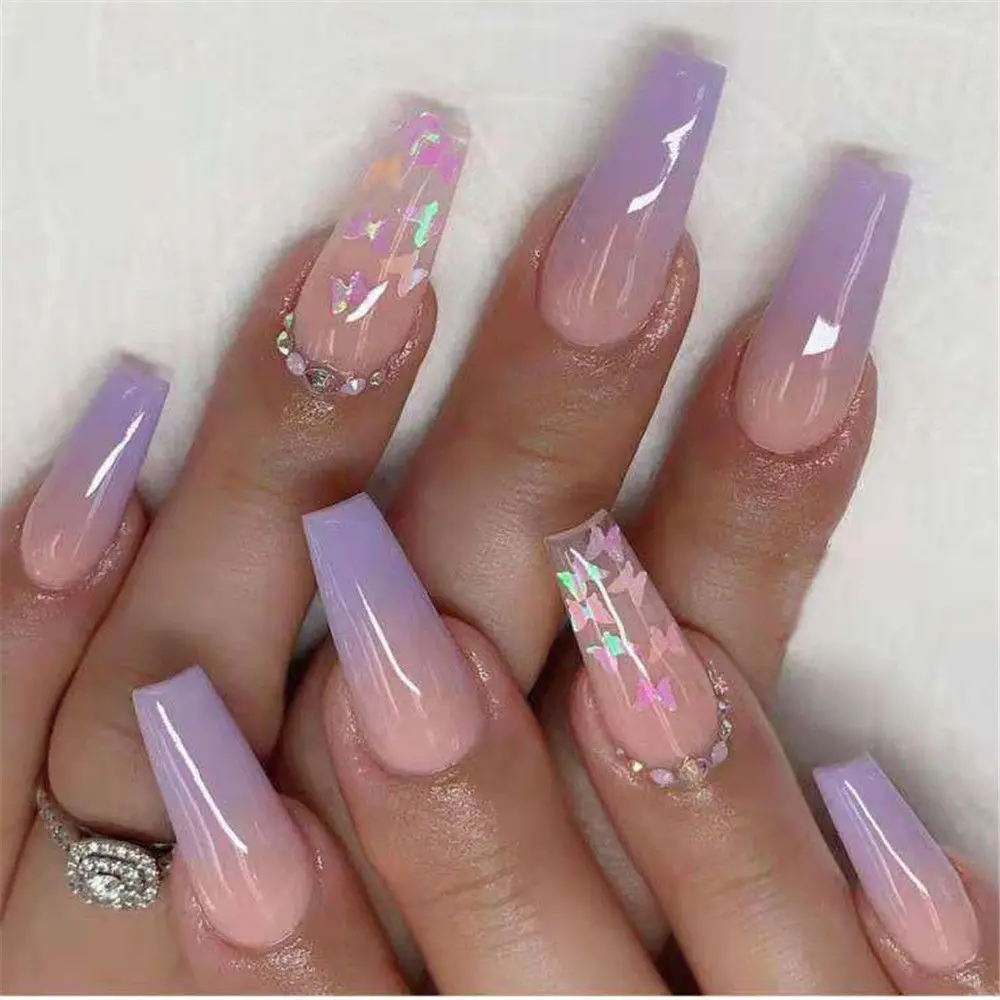 24Pcs Purple Pink Gradient Fake Nails Ombre Rhinestone Coffin Ballerina  Natural Long French False Nails Press On False Nails - False Nails -  Aliexpress