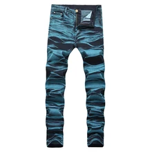 Мужские облегающие джинсы с цветным принтом, брюки батальных размеров из денима фасонного крашения «тай-энд-дай»