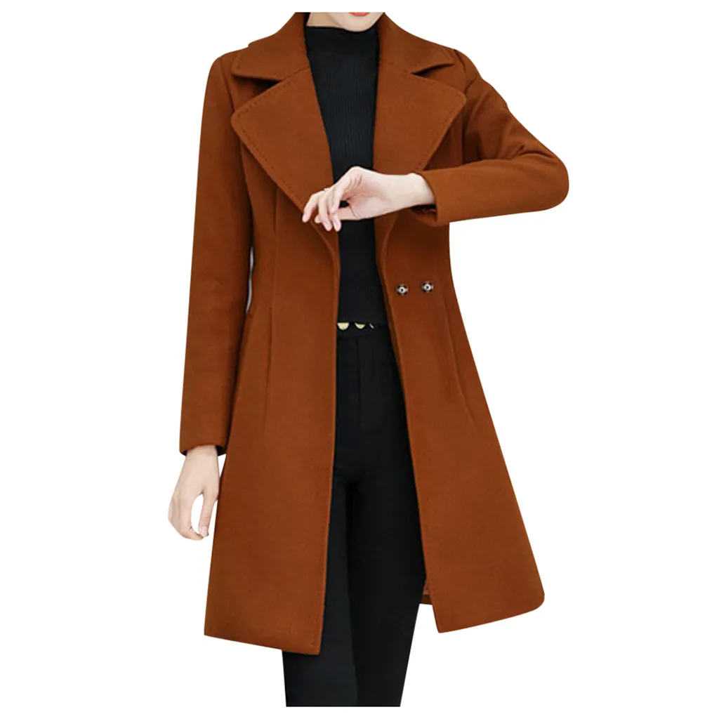 SAGACE женское тонкое шерстяное пальто средней длины с отворотом милое маленькое шикарное украшение с маленьким шариком с длинным рукавом теплое Женское пальто для улицы - Цвет: Коричневый