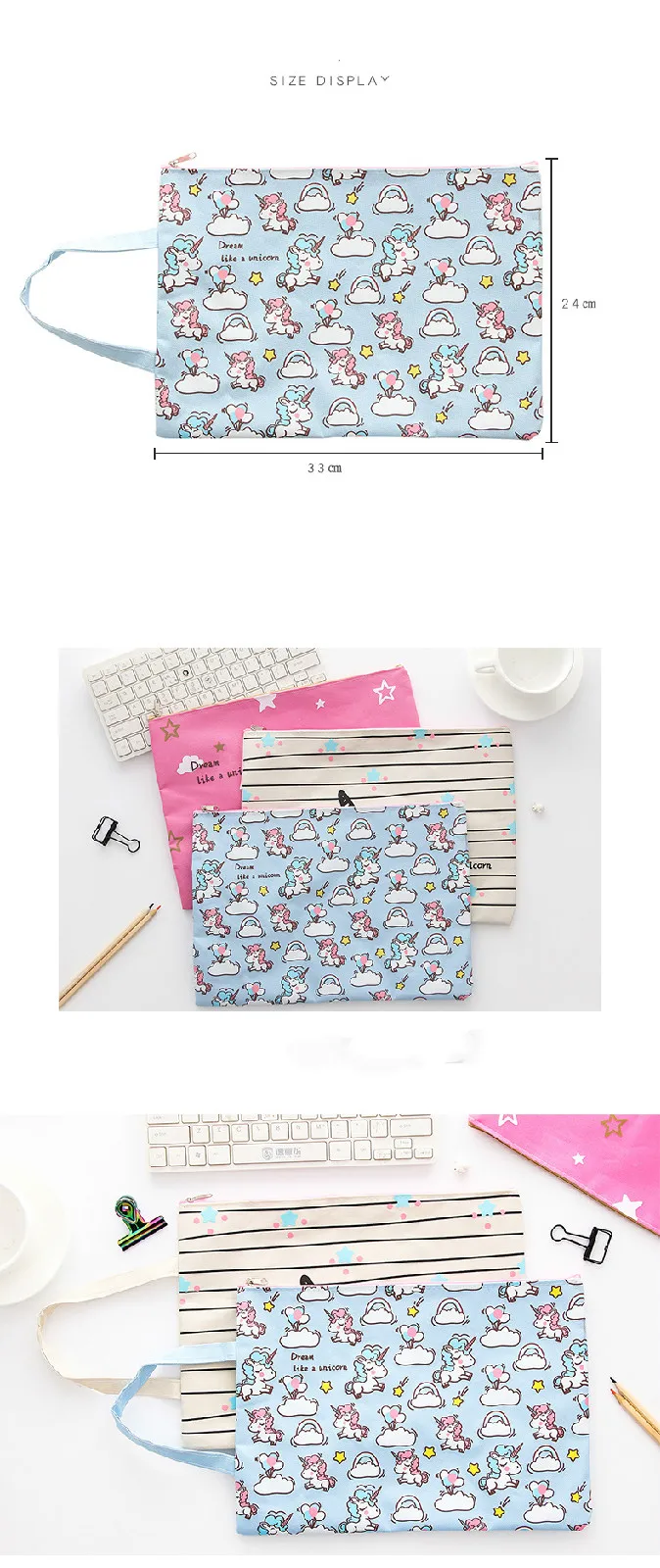 New Cute Cartoon Unicorn Colorful File Bag A4 Document Bag Oxford File Folder Stationery Filing Product School Office Supply