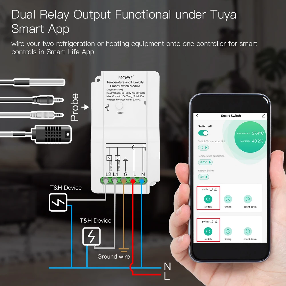 Tuya WiFi Smart Temperature Humidity Switch Module Sensor Dual Relay Smart Life