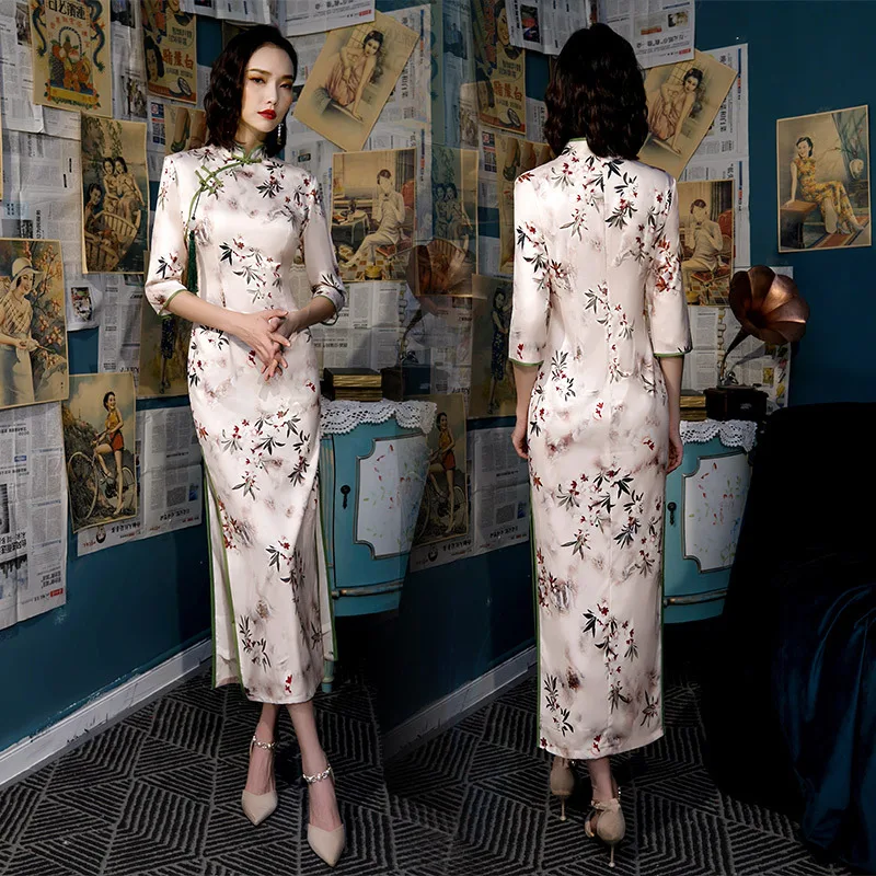Новое поступление, традиционное женское платье, плюс размер, 4XL, Qipao, Дамское, вискозное, сексуальное, длинное, с принтом, Cheongsam, ручная работа, на пуговицах, винтажное, китайское платье - Цвет: H