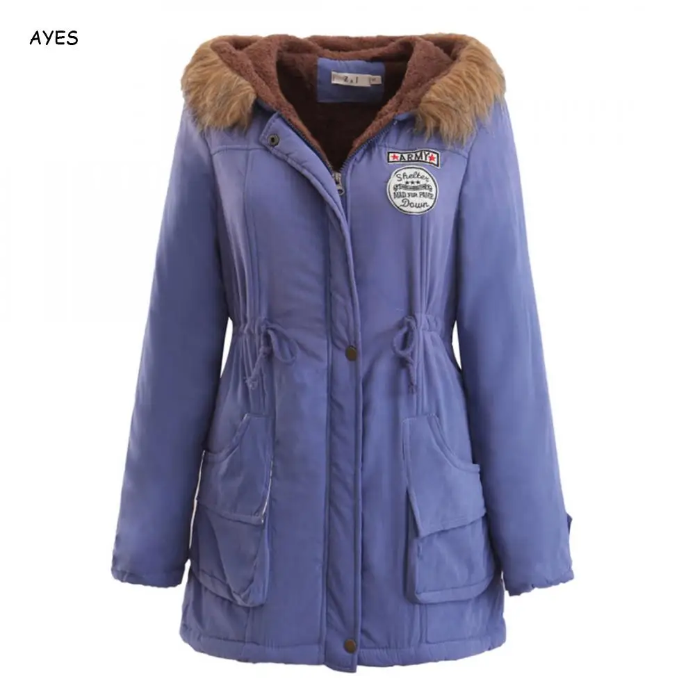 royal blue Зимняя женская куртка армейского зеленого цвета, пальто в стиле милитари, парки, тонкая парка на молнии, меховые толстовки, толстое теплое длинное пальто, Женское зимнее пальто - Цвет: royal blue