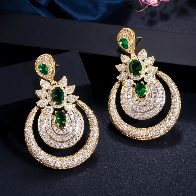 

LUALA Dubai 18k Yellow Gold Vintage Costume Jewelry Green Emerald Long Big Drop Wedding Party Earrings for Women CZ457