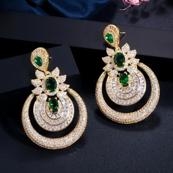 

LUALA Dubai 18k Yellow Gold Vintage Costume Jewelry Green Emerald Long Big Drop Wedding Party Earrings for Women CZ457