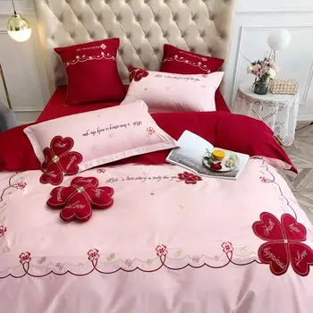 

2020 Red clover Bedding Set Satin Embroidery Bed Set Pink Girl Series Bedding High end home textiles household Bed linen Bed