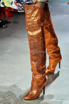 

SHOOEGLE Runway Thigh High Boots Women Bright Overknee Boots Pointed Toe High Heels Party Dress Shoes Orange Green Purple