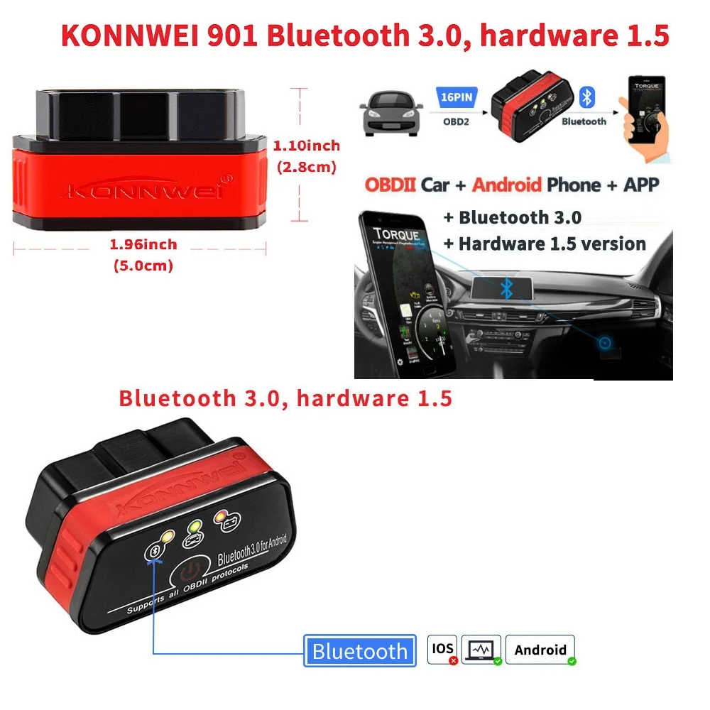 OBD2 KONNWEI KW901elm 327 v1.5 Bluetooth3.0 с производительная микросхема STM32F103C8T6 obd2 диагностический сканер OBD eml327 v1.5 1,5