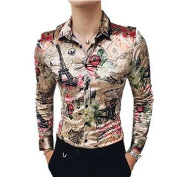 

Winter Shirts Mens Velvet Luxury Shirts Mens Gold Printed Camisas Hombre Slim Fit Royal Baroque Mens Clothing Club Party Dress