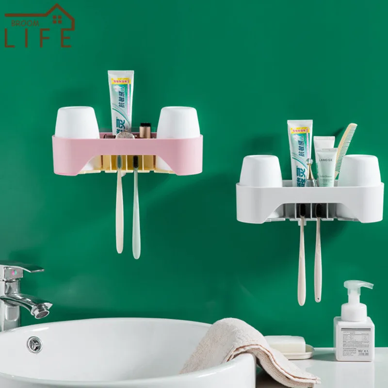 

Plastic Bathroom Shelves Toothbrush Holder Wall Mounted Toothpaste Rack with Cups Simple Waterproof WC Home Storage Organizer