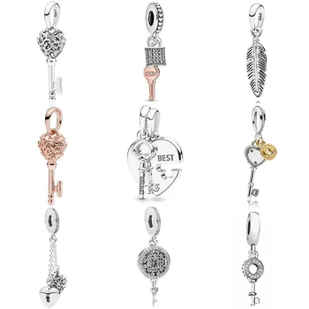 

Original Openwork Love Heart Key Pattern Lock And Heart Chained Pendant Fit Bracelet 925 Sterling Silver Charm Jewelry