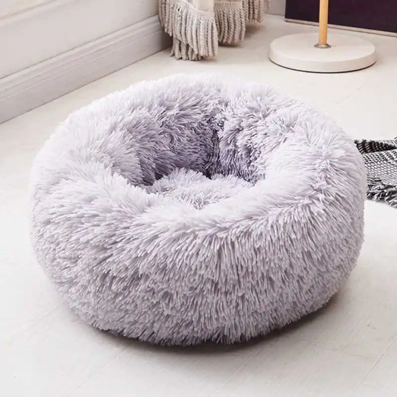 light grey Круглые плюшевые кровати для кошек домик для домашних животных мягкий пушистый длинный плюшевый коврик для кошек круглая кровать для собаки для маленьких собак гнездо для кошек Зимний теплый коврик для сна - Цвет: light grey
