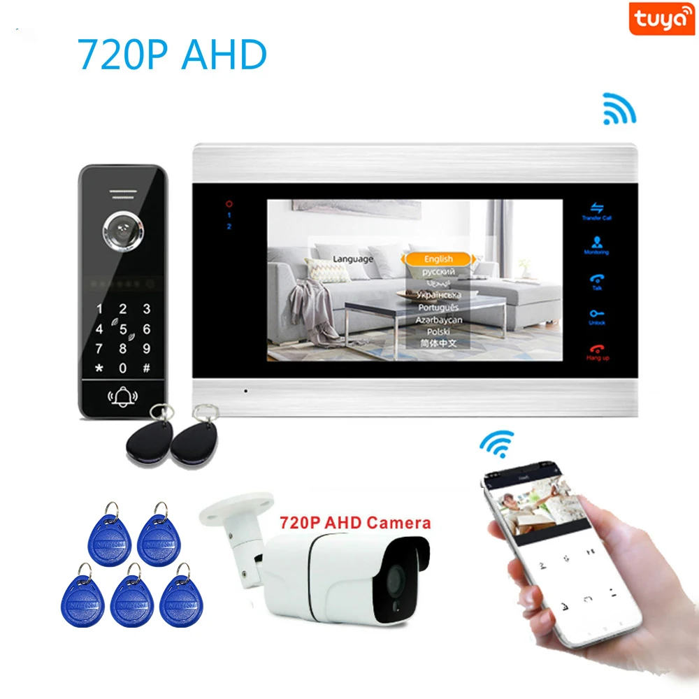 Intercomunicador de vídeo para puerta Sistema de portero automático RFID con WIFI 720P, timbre, aplicación remota, desbloqueo, cámara IR, Monitor táctil de 7