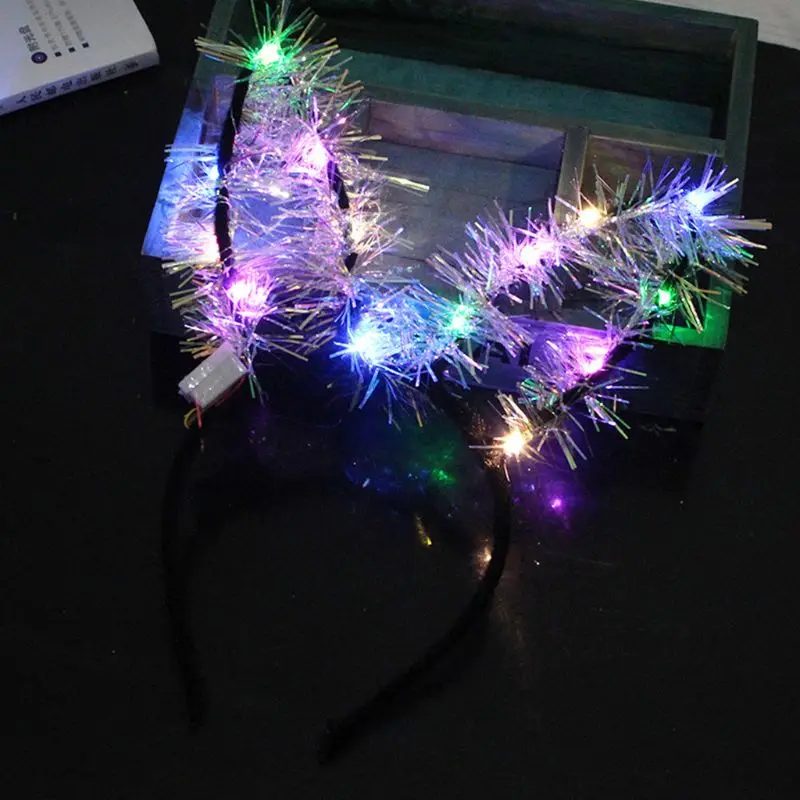 Women Girls Long Rabbit Ears LED Glow Headband Flashing Hair Hoop Fluffy Glitter Hologram Tinsel Christmas Holiday Party Costume