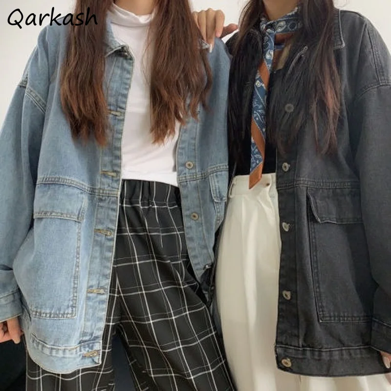 

Однотонные базовые куртки для женщин, винтажные простые свободные универсальные однобортные куртки для колледжа в Корейском стиле, для отдыха, для друзей, модная верхняя одежда бойфренда