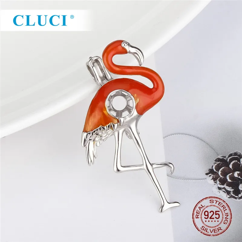 CLUCI 925 пробы Серебряные Подвески Красный Фламинго жемчуг клетка медальон кулон для ожерелья для женщин