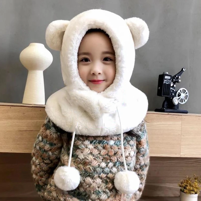 

Adjustable Hats Kid Baby Boy Girl Scarf Hat Integration Solid Cute Cap Winter Warm Thick Earflaps Beanie Protect Face Neck Caps