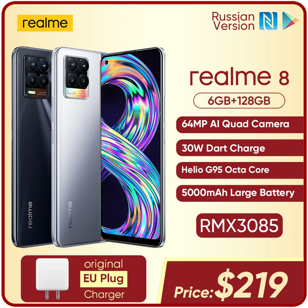 Realme 8 6 ГБ Оперативная память 128 Гб Встроенная Память 30W зарядное устройство мобильный телефон на процессоре Helio G95 Octa Core 6,44