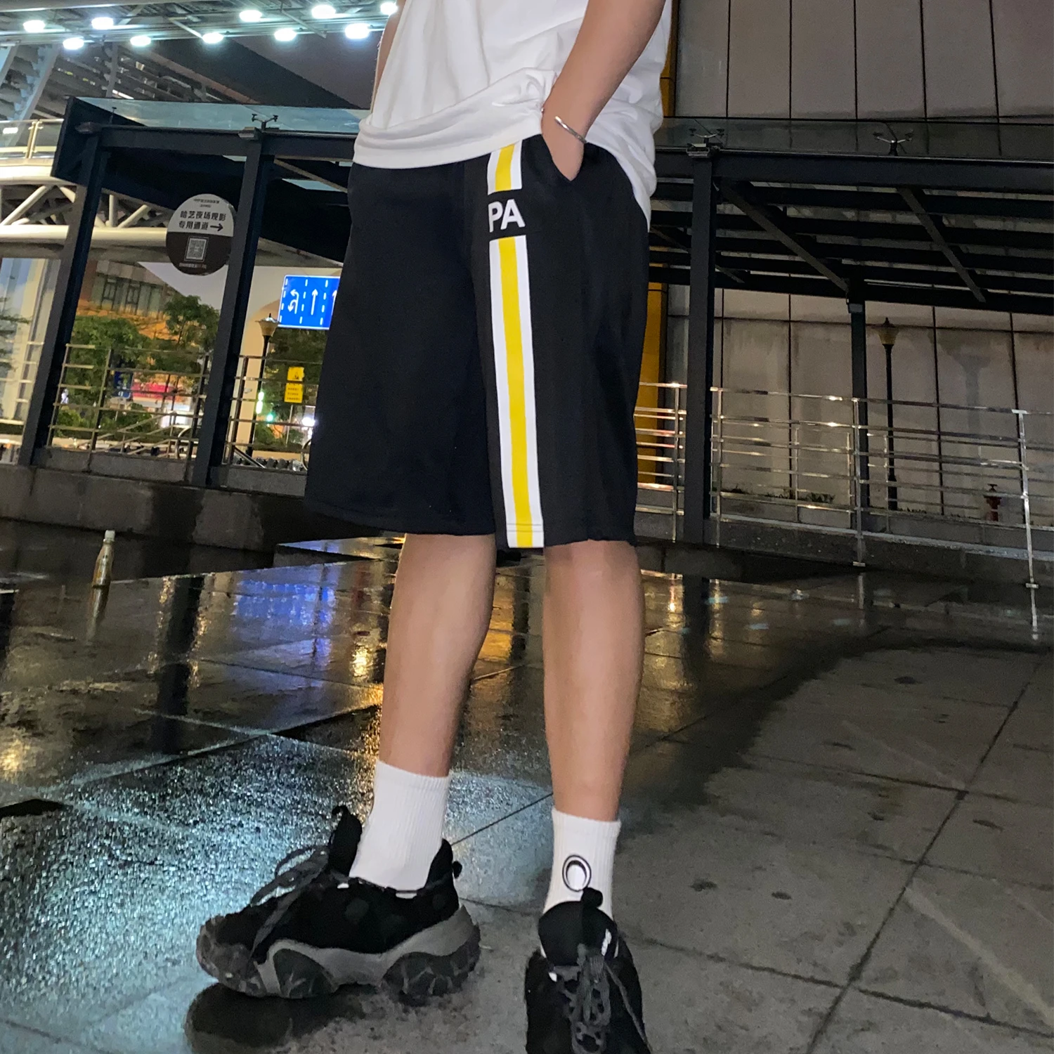 Palm Angels cortos rayas amarillas para hombre y mujer, shorts informales holgados de calle alta, 005456487446|Pantalones cortos de surf| - AliExpress