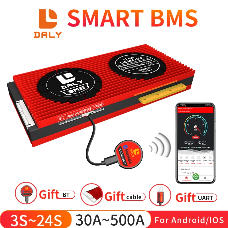 Daly inteligente BMS 3S ~ 24S UART Bluetooth 30a 40a 60a 80a 100a 120a 150a 200a 250a 300a 400a 500a León LiFepo4 Paquete de batería