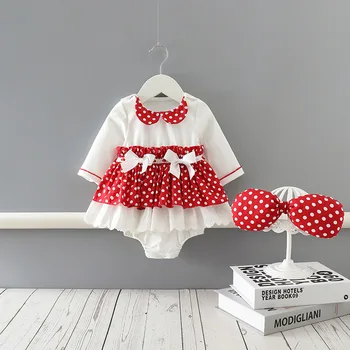 

Baby Girls Dress Long Sleeve Polka Dot Mouse 2pcs Romper and Headband Toddler 1 Year Baby Girls Birthday Dress Baby Clothes