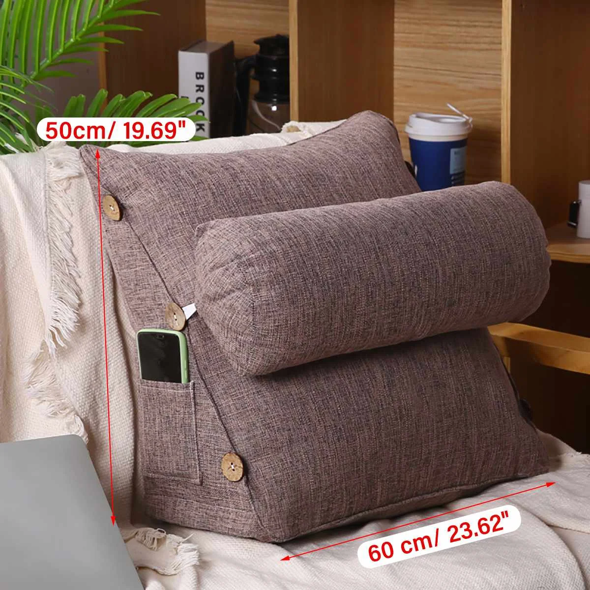 Coffee, Full YXCSELL Corduroy Filled Triangular Wedge Cushion Couch Bed Chair Backrest with Pocket Positioning Support Pillow Reading Office Lumbar Pad with Removable Cover