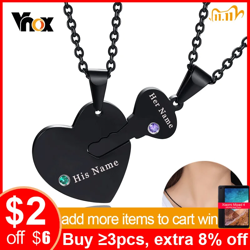 Vnox Custom Personalize His and Her Names Key Heart Puzzle Couple Paired Necklaces Set with Birthstones afbeelding