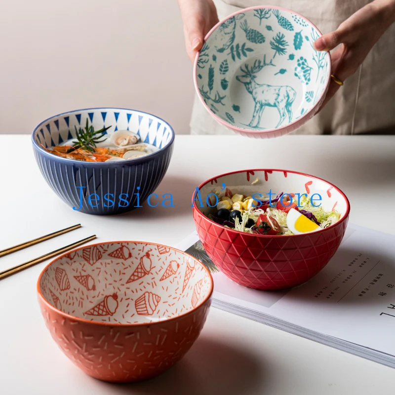 

15cm 6 Inch Japanese Style Ceramic Bowls Embossed Ramen Bowl Relief Non-slip Soup Bowls Tableware Big Salad Mixing Bowl