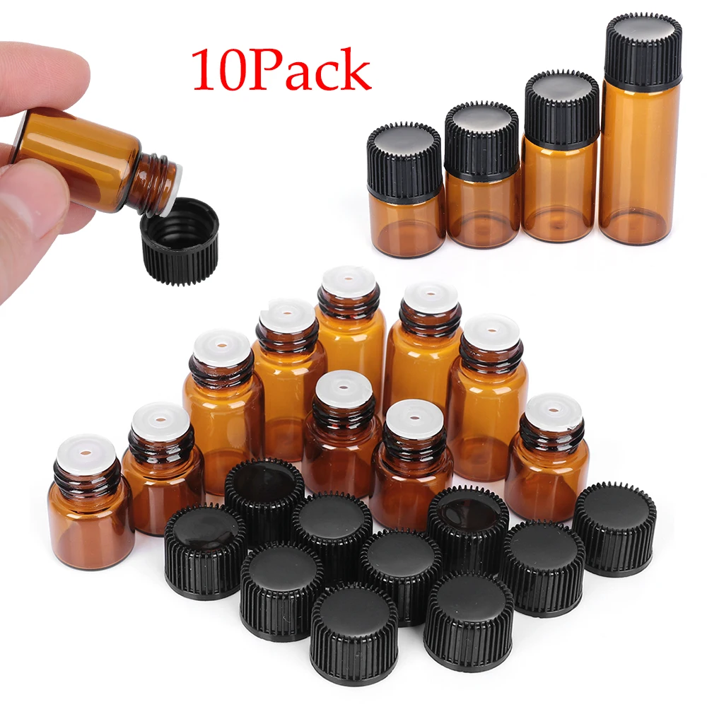 1/2/3/5ml Mini Essential Oil Bottle Jar Orifice Brown Reducer & Cap Refillable Bottles Glass Vials Cosmetic Containers 10PCS Mini Perfume Bottle