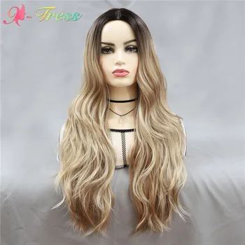 

X-TRESS Ombre Blonde Synthetic Wigs Long Body Wave Middle Part Machine Hairpiece Heat Resistant Soft Fluffy Hair Wig For Women
