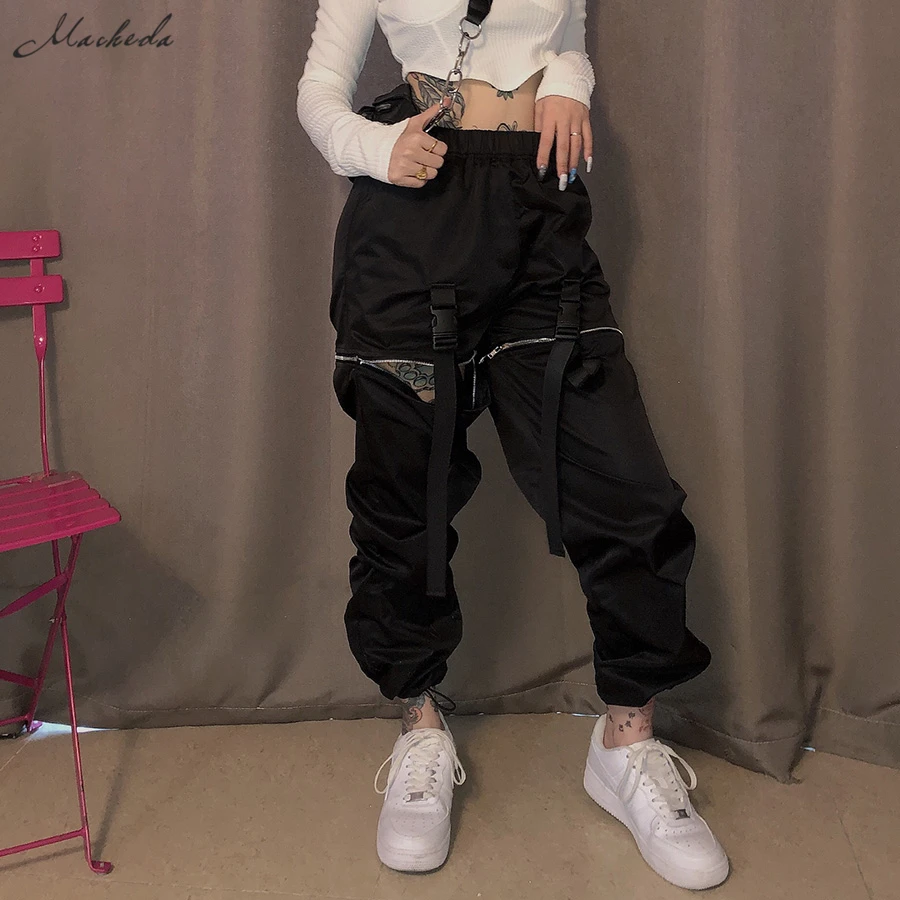 

Macheda Fashion Black Zipper Spliced Design Harem Pants Womens Autumn Streetwear Casual High Waist Loose Basic Trousers 2019 New