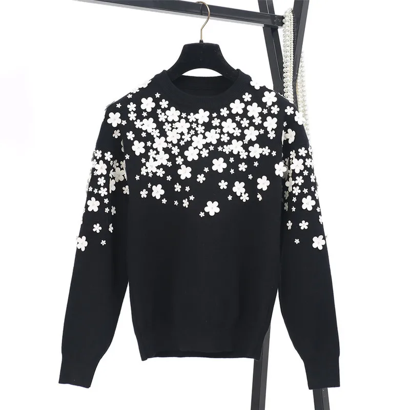 

Tunjuefs White Leather Flower Beading Sweater Woman Jumper Elegant Jersey Runway Pullover Long Sleeve Knitted Tops Office Lady